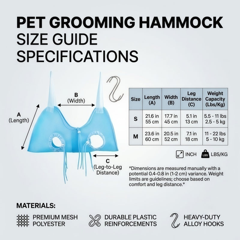 Breathable Mesh Pet Grooming Hammock Harness for Cats & Small Dogs with Adjustable Leg Straps, Light Blue