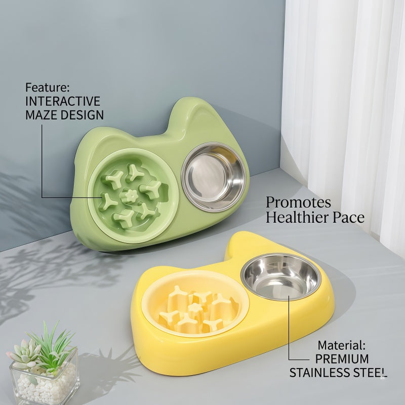 2-in-1 Slow Feeder & Stainless Steel Dog Bowl Combo with Non-Slip Base for Small Dogs & Cats