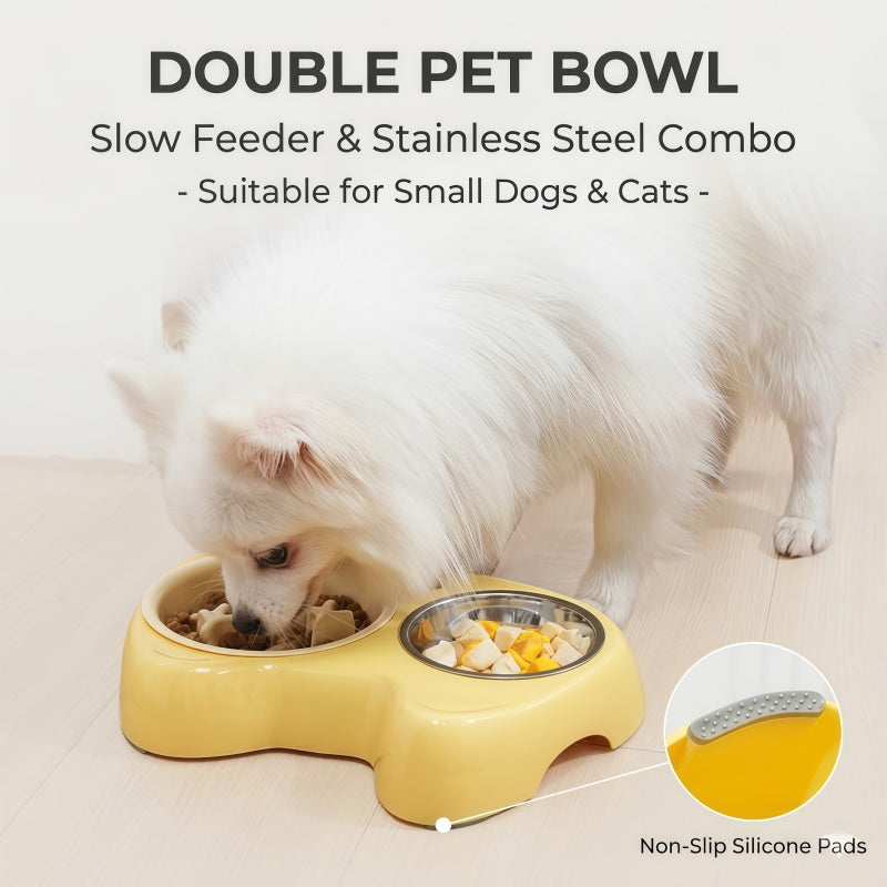 2-in-1 Slow Feeder & Stainless Steel Dog Bowl Combo with Non-Slip Base for Small Dogs & Cats