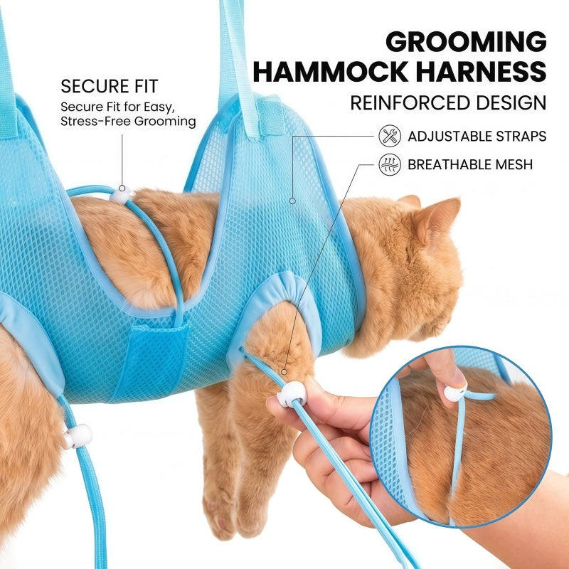 Breathable Mesh Pet Grooming Hammock Harness for Cats & Small Dogs with Adjustable Leg Straps, Light Blue