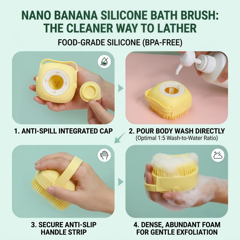 Soft Silicone Bath Brush & Pet Grooming Massager with Soap Dispenser, Ergonomic Non-Slip Body Scrubber