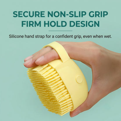 Soft Silicone Bath Brush & Pet Grooming Massager with Soap Dispenser, Ergonomic Non-Slip Body Scrubber