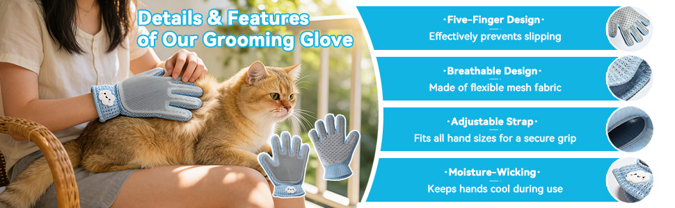 Pet Grooming Glove for Cats and Dogs - Breathable Mesh Deshedding Mitt with Soft Silicone Bristles for Gentle Hair Removal & Furniture Cleaning