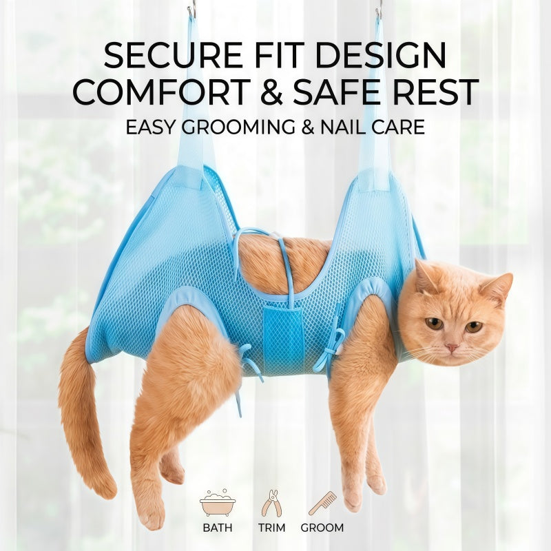 Breathable Mesh Pet Grooming Hammock Harness for Cats & Small Dogs with Adjustable Leg Straps, Light Blue