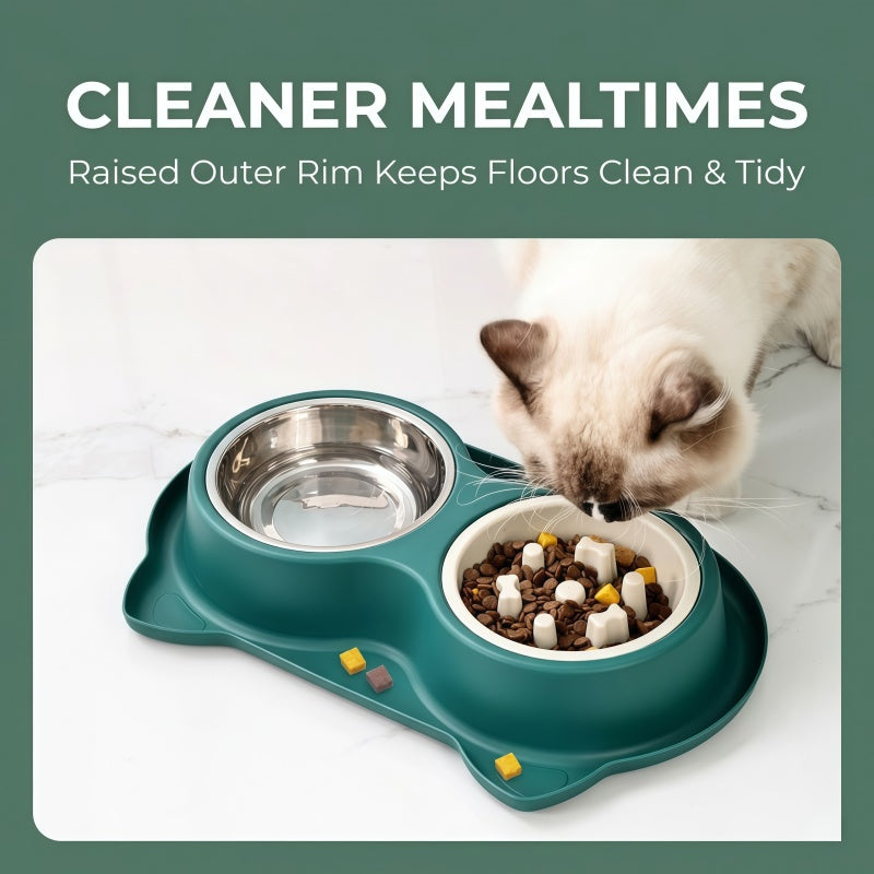 2-in-1 Double Dog & Cat Bowl with Slow Feeder and Stainless Steel Water Bowl, Non-Spill Pet Feeding Station