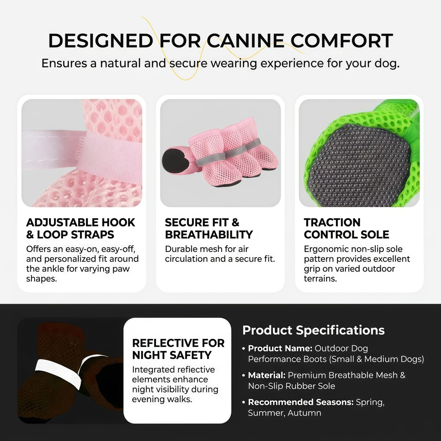 Breathable Mesh Dog Boots with Reflective Straps and Non-Slip Rubber Sole for Small to Medium Dogs