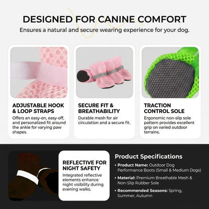 Breathable Mesh Dog Boots with Reflective Straps and Non-Slip Rubber Sole for Small to Medium Dogs