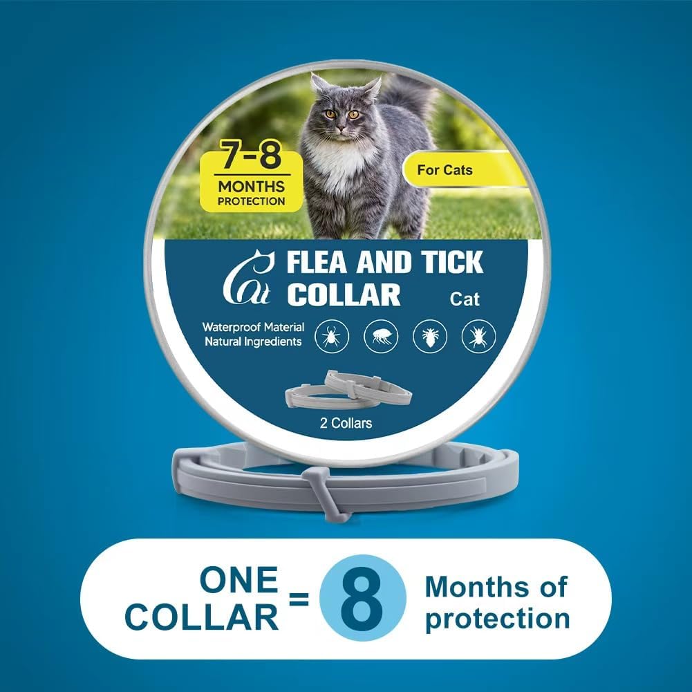 Flea and Tick Collar for Cats - 8-Month Protection, Waterproof, Natural Ingredients, 2-Pack
