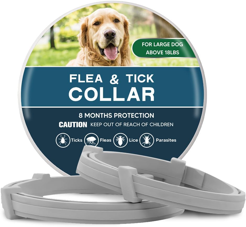 Adjustable Flea and Tick Collar for Large Dogs (Over 18 lbs) - Up to 8 Months Protection, Water-Resistant, Grey - 2 Pack