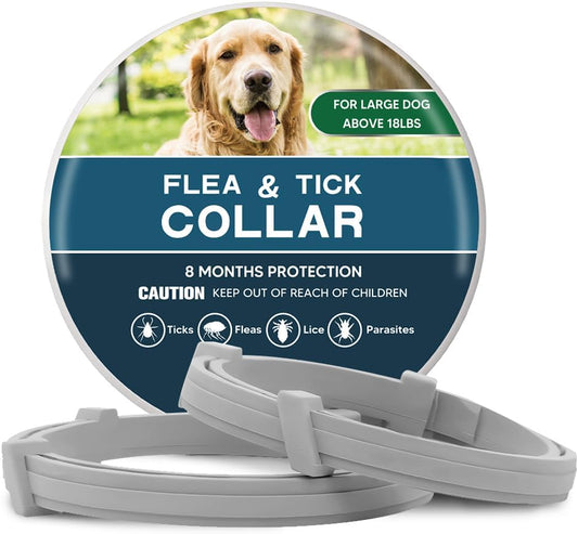 Adjustable Flea and Tick Collar for Large Dogs (Over 18 lbs) - Up to 8 Months Protection, Water-Resistant, Grey - 2 Pack