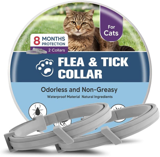 8-Month Flea and Tick Collar for Cats, Adjustable Waterproof Pest Repellent Collar, 2 Pack (Grey)