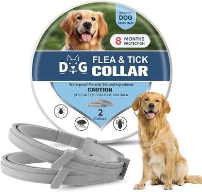 Adjustable Flea and Tick Collar for Dogs - 8 Months Protection, Waterproof Pest Prevention Strap (2 Pack, Grey)