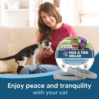 8-Month Flea and Tick Collar for Cats, Adjustable Waterproof Pest Repellent Collar, 2 Pack (Grey)