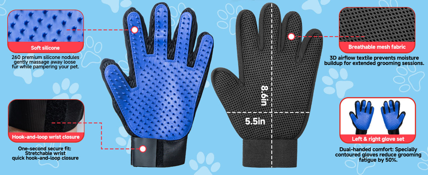 Pet Grooming Gloves, Soft Silicone Gentle Deshedding Brush Gloves for Dogs & Cats, Breathable Mesh