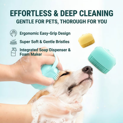 Soft Silicone Bath Brush & Pet Grooming Massager with Soap Dispenser, Ergonomic Non-Slip Body Scrubber