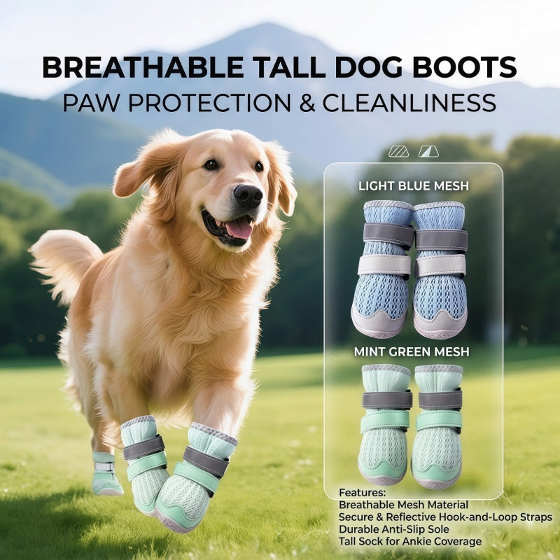 Breathable Mesh Tall Dog Boots with Reflective Straps and Anti-Slip Rubber Sole, Protective Dog Shoes for Hot Pavement and Rain, 4-Pack