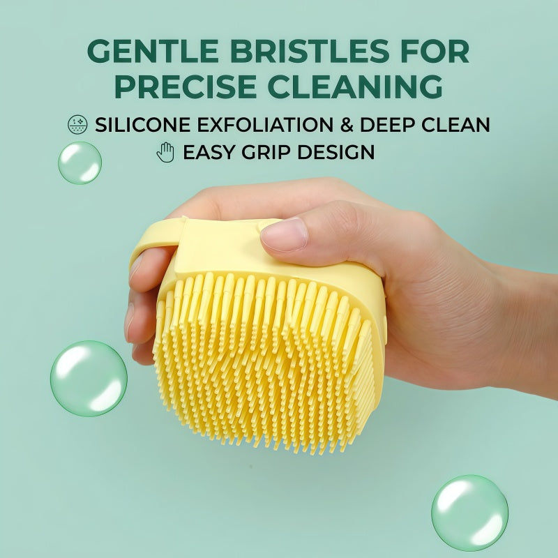 Soft Silicone Bath Brush & Pet Grooming Massager with Soap Dispenser, Ergonomic Non-Slip Body Scrubber