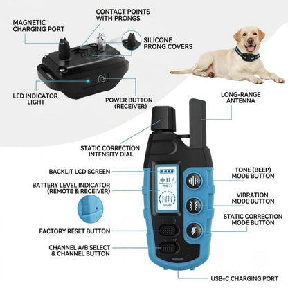 Rechargeable Dog Training Collar with Remote - 600M (2000FT) Range, IP67 Waterproof, 3 Training Modes (Beep, Vibration, Static), Fits 8-150 lbs Dogs