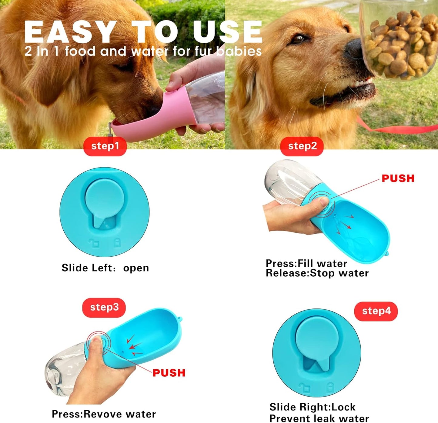 Portable Dog Water Bottle with Food Container and Water Filter - Leak-Proof Travel Pet Dispenser for Walking, Hiking