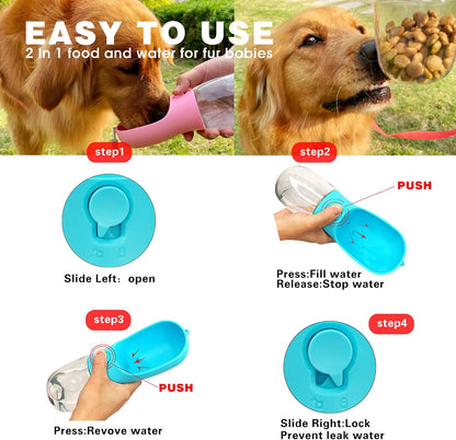 Portable Dog Water Bottle with Food Container and Water Filter - Leak-Proof Travel Pet Dispenser for Walking, Hiking