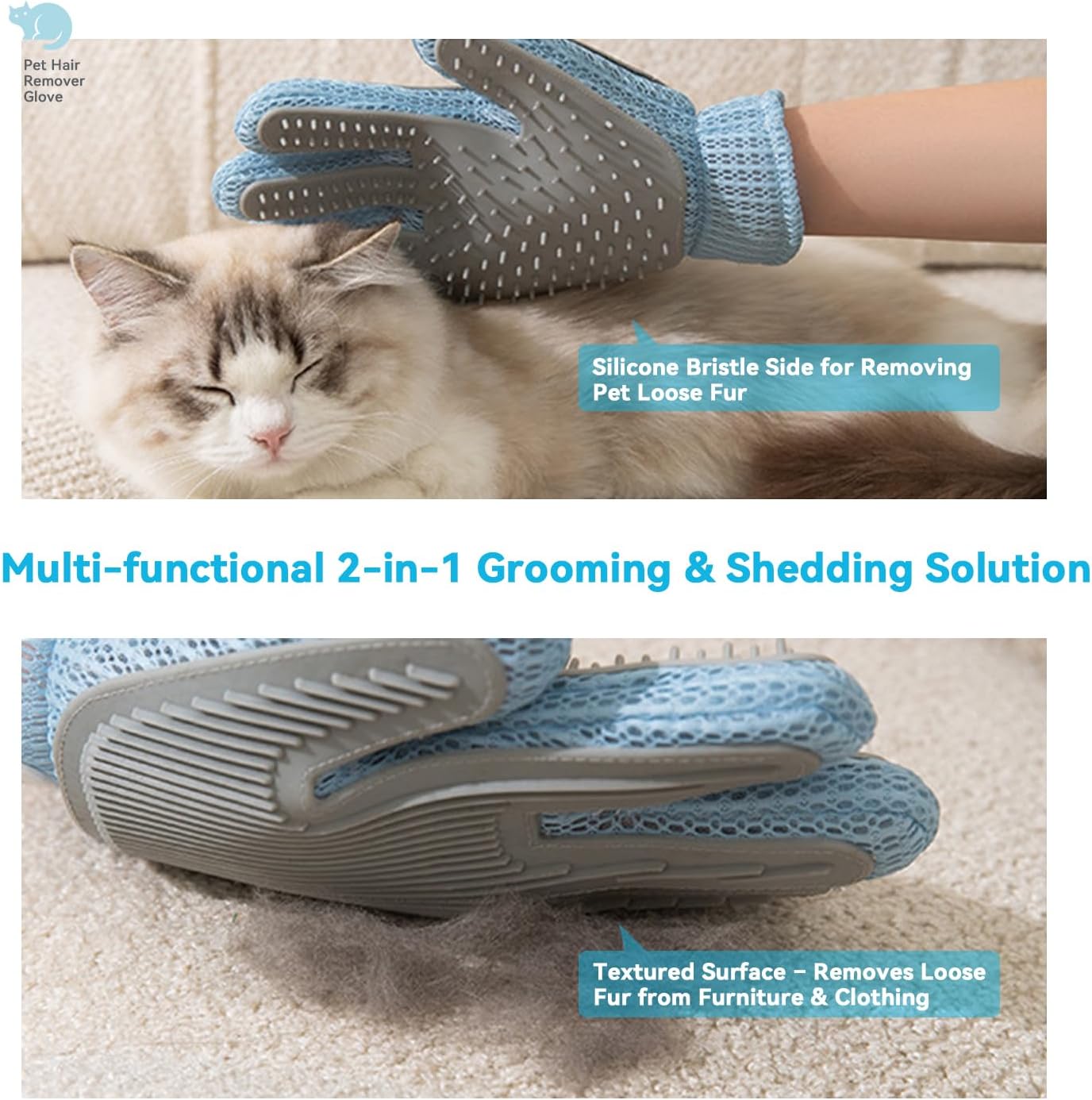 Pet Grooming Glove for Cats and Dogs - Breathable Mesh Deshedding Mitt with Soft Silicone Bristles for Gentle Hair Removal & Furniture Cleaning