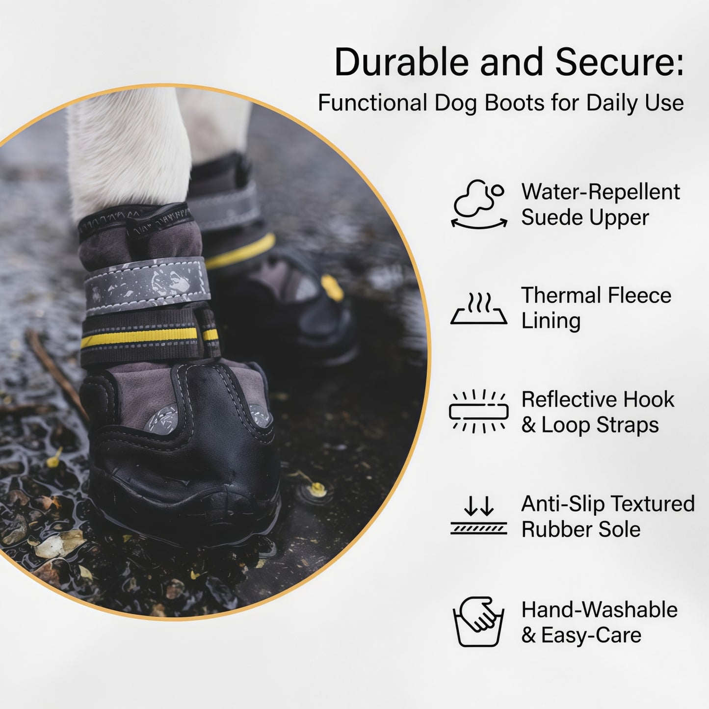 Water-Repellent Dog Boots with Anti-Slip Sole & Reflective Straps, Winter Fleece Lined Paw Protectors