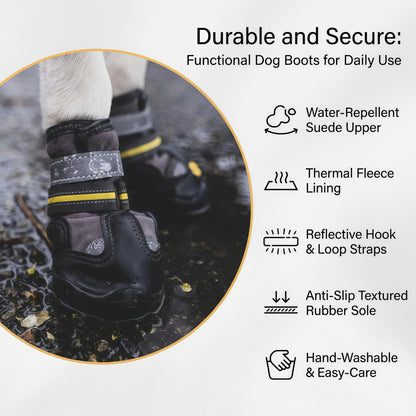 Water-Repellent Dog Boots with Anti-Slip Sole & Reflective Straps, Winter Fleece Lined Paw Protectors