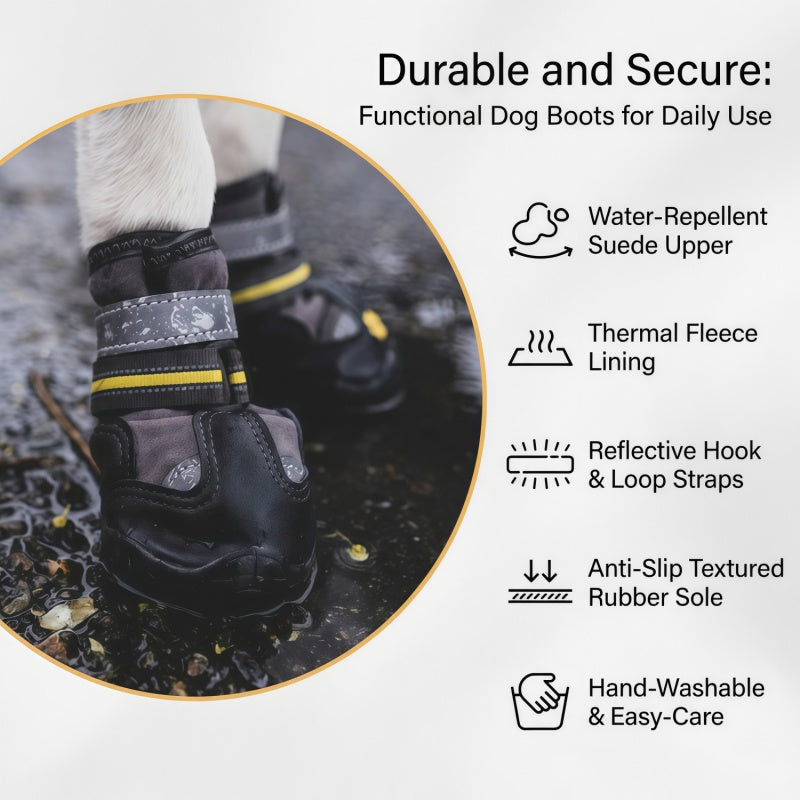 Water-Repellent Dog Boots with Anti-Slip Sole & Reflective Straps, Winter Fleece Lined Paw Protectors