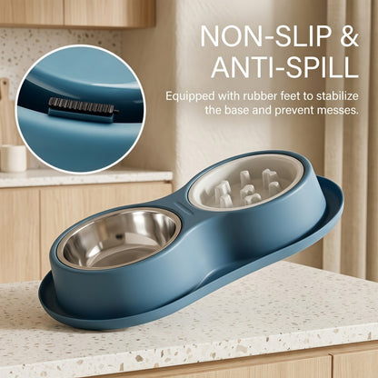 2-in-1 Double Dog & Cat Bowl with Slow Feeder and Stainless Steel Water Bowl, Non-Spill Pet Feeding Station