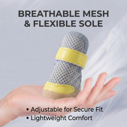 Breathable Mesh Dog Boots for Small Breeds - Non-Slip Pet Shoes with Adjustable Straps (Grey/Yellow)