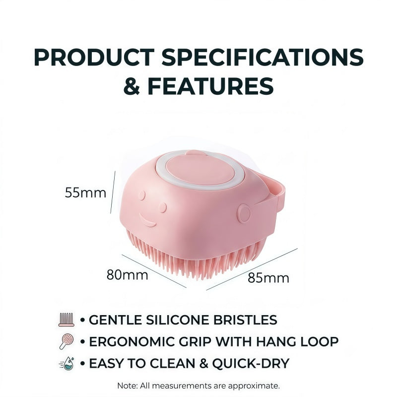 Soft Silicone Bath Brush & Pet Grooming Massager with Soap Dispenser, Ergonomic Non-Slip Body Scrubber