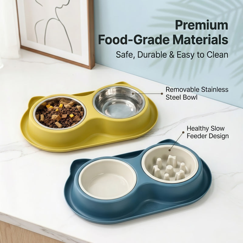 2-in-1 Double Dog & Cat Bowl with Slow Feeder and Stainless Steel Water Bowl, Non-Spill Pet Feeding Station