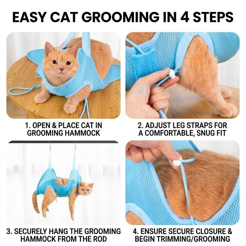 Breathable Mesh Pet Grooming Hammock Harness for Cats & Small Dogs with Adjustable Leg Straps, Light Blue