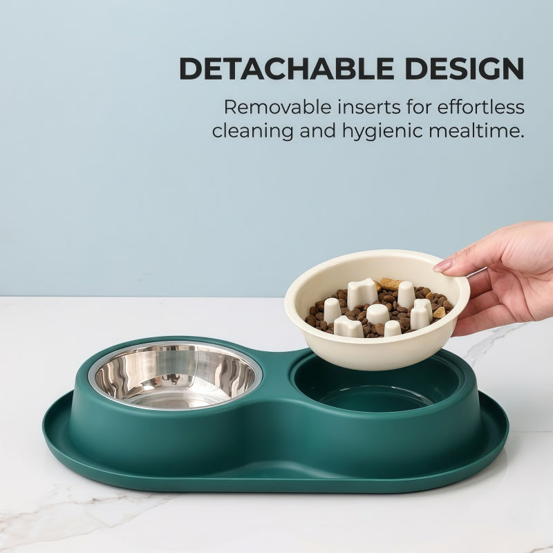 2-in-1 Double Dog & Cat Bowl with Slow Feeder and Stainless Steel Water Bowl, Non-Spill Pet Feeding Station