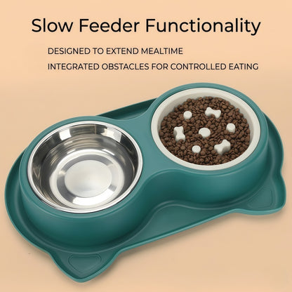 2-in-1 Double Dog & Cat Bowl with Slow Feeder and Stainless Steel Water Bowl, Non-Spill Pet Feeding Station