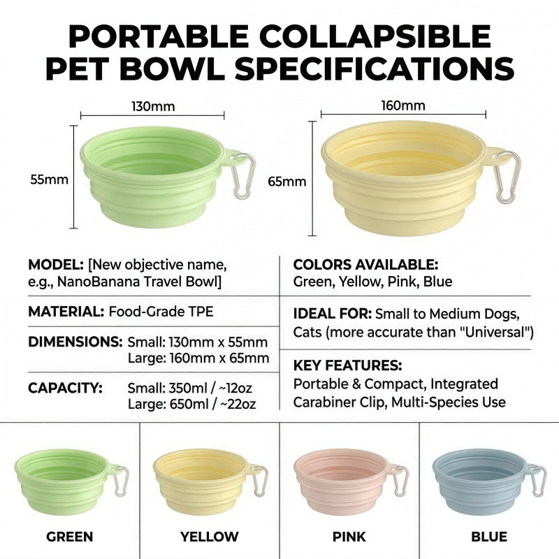 Collapsible Silicone Pet Dog Bowl with Carabiner Clip - Portable Travel Water & Food Feeder for Small & Medium Dogs