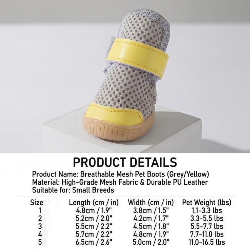 Breathable Mesh Dog Boots for Small Breeds - Non-Slip Pet Shoes with Adjustable Straps (Grey/Yellow)