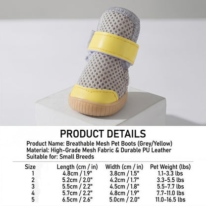 Breathable Mesh Dog Boots for Small Breeds - Non-Slip Pet Shoes with Adjustable Straps (Grey/Yellow)