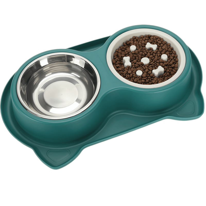 2-in-1 Double Dog & Cat Bowl with Slow Feeder and Stainless Steel Water Bowl, Non-Spill Pet Feeding Station
