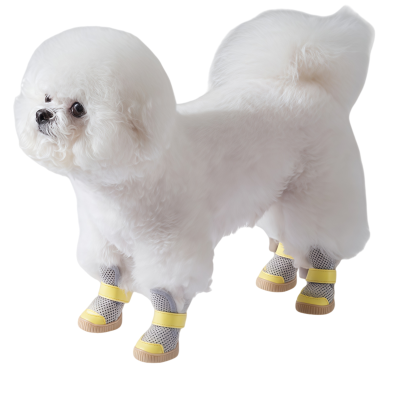Breathable Mesh Dog Boots for Small Breeds - Non-Slip Pet Shoes with Adjustable Straps (Grey/Yellow)