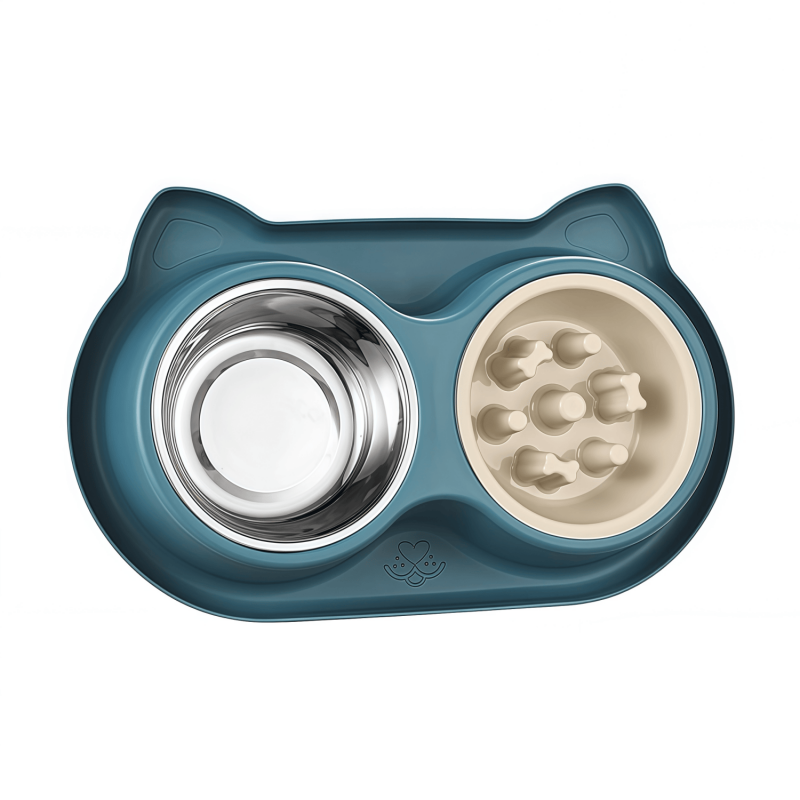2-in-1 Double Dog & Cat Bowl with Slow Feeder and Stainless Steel Water Bowl, Non-Spill Pet Feeding Station