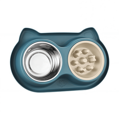2-in-1 Double Dog & Cat Bowl with Slow Feeder and Stainless Steel Water Bowl, Non-Spill Pet Feeding Station