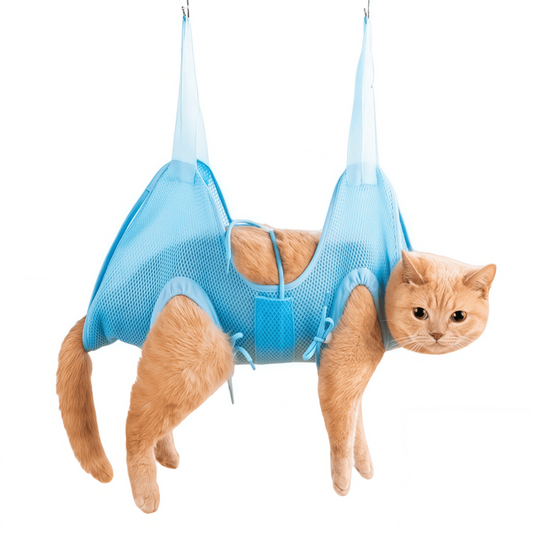 Breathable Mesh Pet Grooming Hammock Harness for Cats & Small Dogs with Adjustable Leg Straps, Light Blue