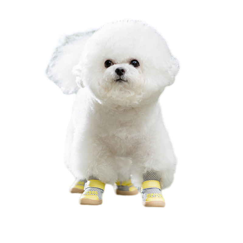 Breathable Mesh Dog Boots for Small Breeds - Non-Slip Pet Shoes with Adjustable Straps (Grey/Yellow)