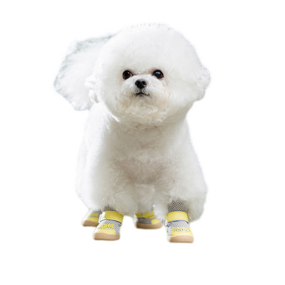 Breathable Mesh Dog Boots for Small Breeds - Non-Slip Pet Shoes with Adjustable Straps (Grey/Yellow)