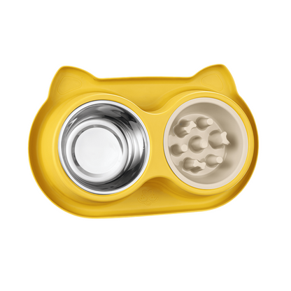 2-in-1 Double Dog & Cat Bowl with Slow Feeder and Stainless Steel Water Bowl, Non-Spill Pet Feeding Station