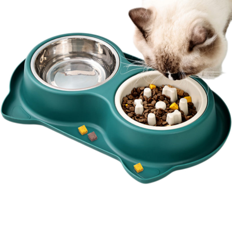 2-in-1 Double Dog & Cat Bowl with Slow Feeder and Stainless Steel Water Bowl, Non-Spill Pet Feeding Station