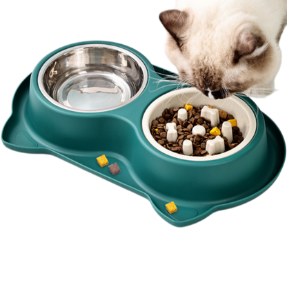 2-in-1 Double Dog & Cat Bowl with Slow Feeder and Stainless Steel Water Bowl, Non-Spill Pet Feeding Station