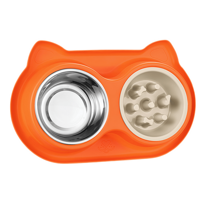 2-in-1 Double Dog & Cat Bowl with Slow Feeder and Stainless Steel Water Bowl, Non-Spill Pet Feeding Station