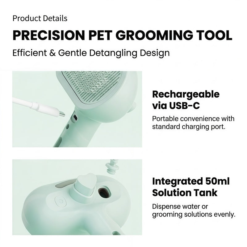 3-in-1 Electric Pet Steaming Brush with Spray, Self-Cleaning Grooming & Deshedding Comb for Cats and Dogs, USB Rechargeable